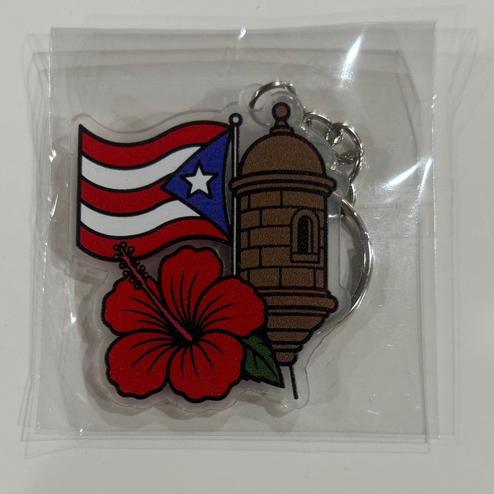Puerto Rico Flag and Hibiscus Keychain - Picture 1 of 1